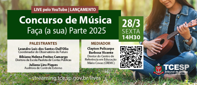 Tribunal de Contas promoverá live de lançamento do Concurso de Música Faça (a sua) Parte