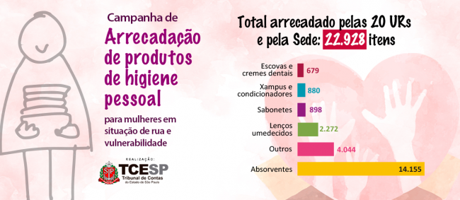 Campanha do TCE arrecada quase 23 mil produtos de higiene para mulheres em situação de vulnerabilidade